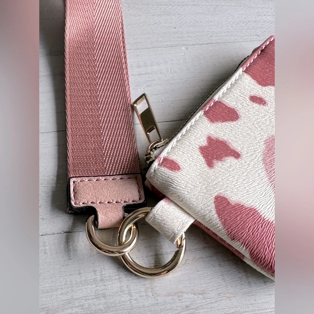 Pink Cow Print Card Case Pouch w/Removable Wrist Strap